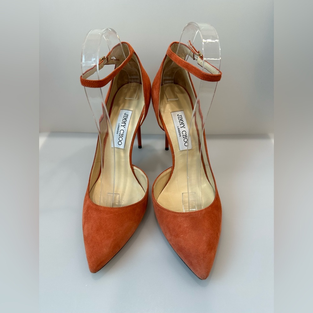 AUTHENTIC JIMMY CHOO Lucy 100 Suede Pumps Agate Coral Burnt Orange Made in Italy